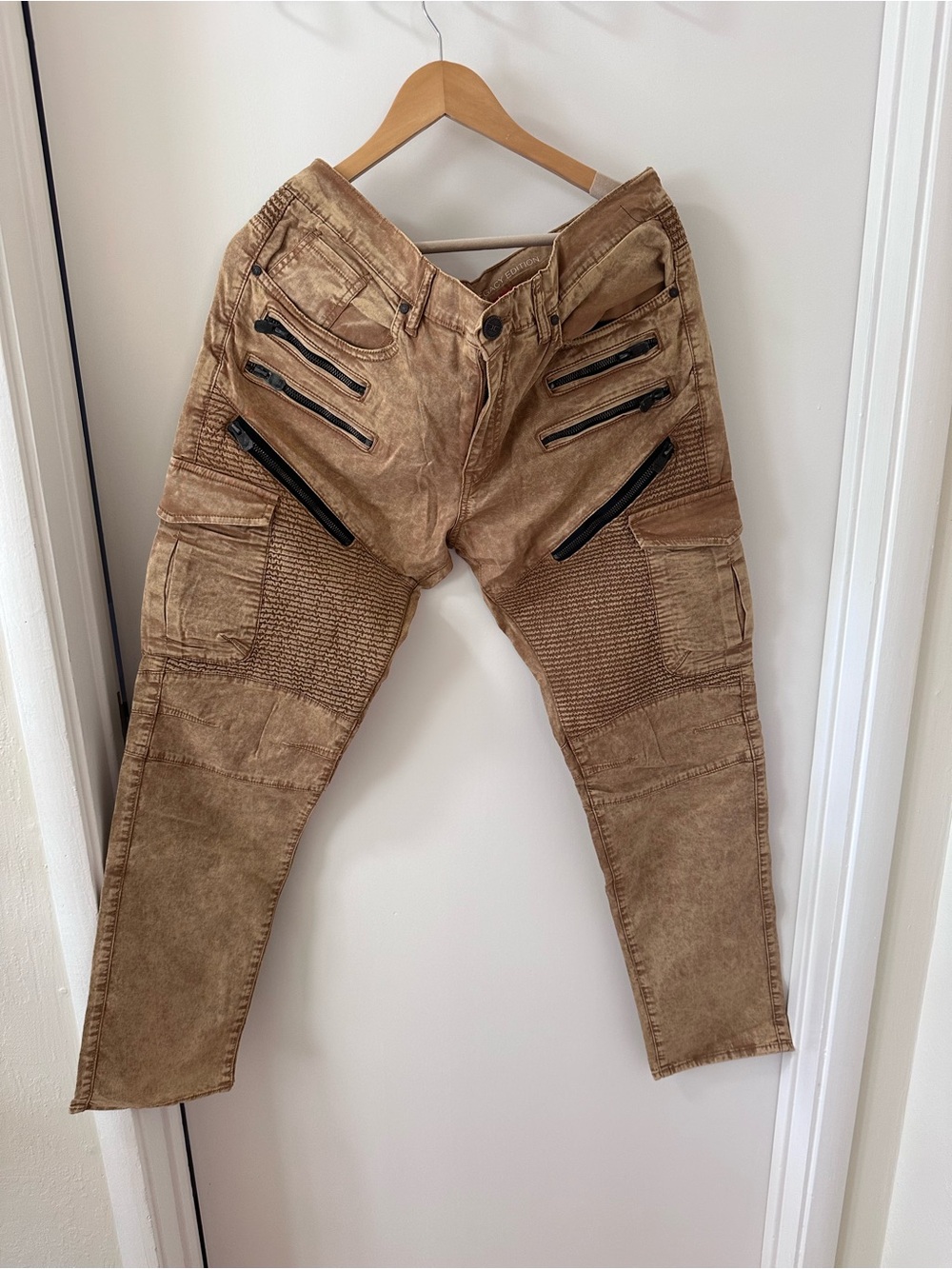 Jordan Craig Tan Brown Moto Cargo Slim Straight Jeans with Black Zippers
